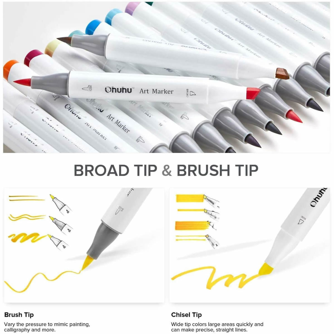 Ohuhu Honolulu Alcohol Art Markers Σετ Μαρκαδόρων 24 Βασικών Χρωμάτων Brush & Chisel - Image 8